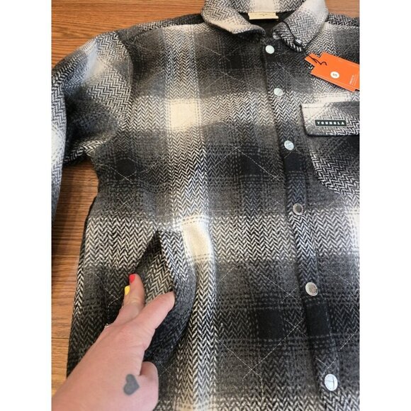 YoungLA Jacket Mens‎ Small Black White Plaid Flannel Shacket Snaps Quilted NWT - Picture 6 of 13